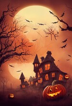 Halloween Design With Houses, Bats, Silhouettes, Pumpkins Illustration