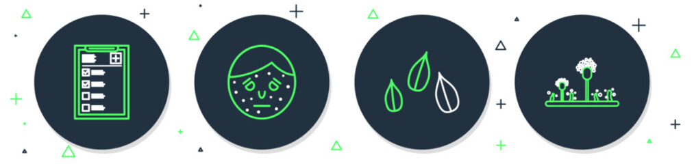 Sticker - Set line Face with psoriasis or eczema, Sesame seeds, Clinical record and Mold icon. Vector