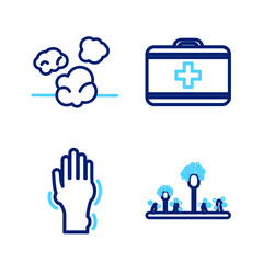 Sticker - Set line Mold, Hand with psoriasis or eczema, First aid kit and Dust icon. Vector