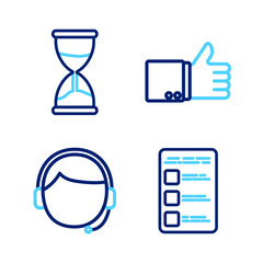 Poster - set line create account screen on mobile, man with headset, hand thumb up and hourglass icon. vector