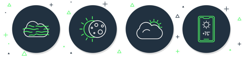 Sticker - Set line Eclipse of the sun, Sun and cloud, Fog and Weather forecast icon. Vector