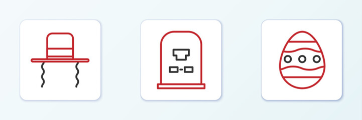 Sticker - Set line Easter egg, Orthodox jewish hat with sidelocks and Tombstone RIP written icon. Vector