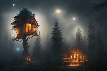 beautiful treehouse night lights illustration. Generative AI