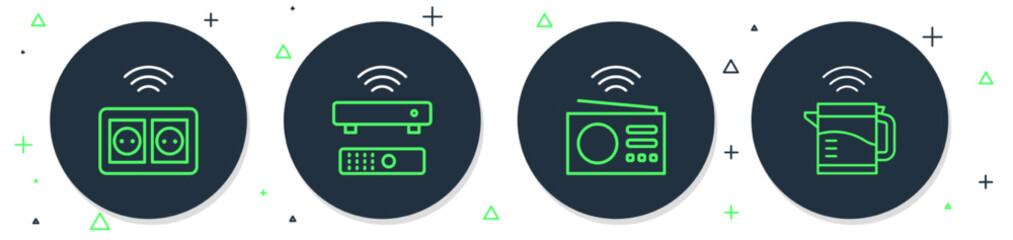 Poster - Set line Wireless TV box receiver, Smart radio, electrical outlet and kettle icon. Vector