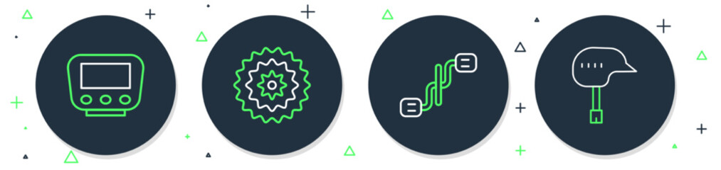 Sticker - Set line Bicycle cassette, pedals, speedometer and helmet icon. Vector