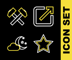 Sticker - Set line Open in new window, Star, Cloud with moon and stars and Two crossed hammers icon. Vector