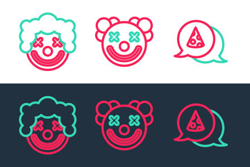 Sticker - Set line Slice of pizza, Clown head and icon. Vector