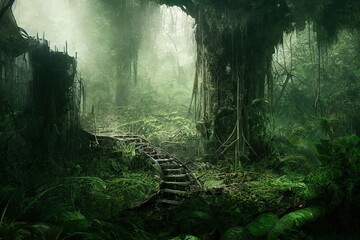 abandoned places overgrown with jungle, post-apocalypse illustration. Generative AI