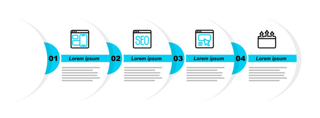 Set line Browser window, UI or UX design, SEO optimization and Web developer programming code icon. Vector