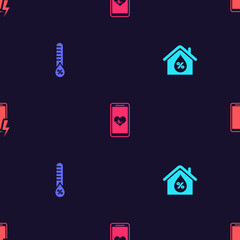 Sticker - Set House humidity, Humidity, Mobile with heart rate and charging battery on seamless pattern. Vector