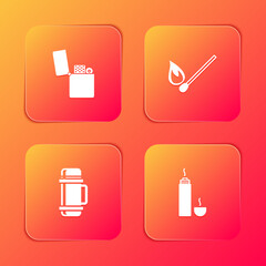 Poster - Set Lighter, Burning match with fire, Thermos container and icon. Vector