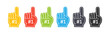 Colors foam finger icon set. Sports paraphernalia fun symbol. Sign baseball vector flat.