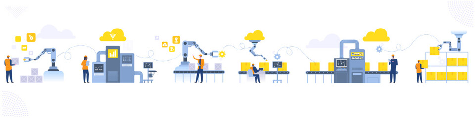 Wall Mural - Assembly line with robotic arms and workers Male and female factory workers engineers Automated production process User connecting with a tablet and sharing data with a cyber-physical system Vector