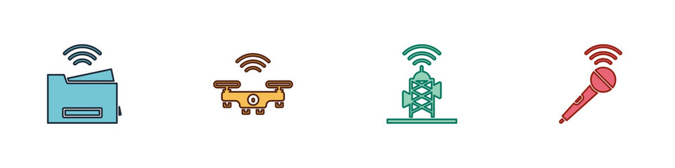 Sticker - Set Smart printer, drone, Wireless antenna and microphone icon. Vector