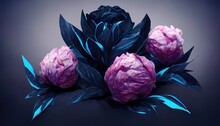 Beautiful Neon Peonies, Spring Flowers, Art. Abstract Floral Neon Background. Flowers Close-up. 3D Illustration