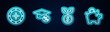 © vector_v - Set line Safe, Graduation cap and coin, Dollar plant and Piggy bank. Glowing neon icon. Vector