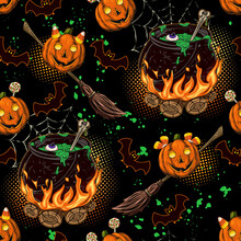 Pattern With Witch Cauldron With Bubbling Green Liquid On The Bonfire, Bone, Brooms, Silhouette Of Bat, Pumpkins Like Kids, Little Imps. Magic Potion, Symbol Of Witchcraft. Background In Vintage Style