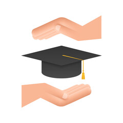 Graduation cap with tassel in hands, realistic mortar board. Vector stock illustration.