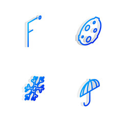 Sticker - Set Isometric line Moon, Fahrenheit, Snowflake and Umbrella icon. Vector