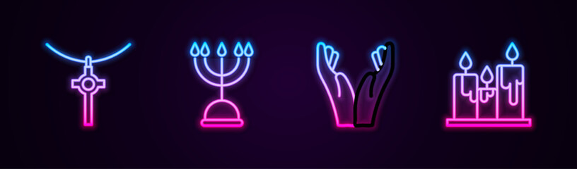 Wall Mural - Set line Christian cross on chain, Hanukkah menorah, Hands praying position and Burning candles. Glowing neon icon. Vector