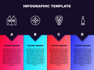Wall Mural - Set line Hunting jacket, Target sport, Bear head on shield and Bullet. Business infographic template. Vector