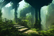 old forgotten overgrown industrial ruin with stair, rainforest lost place , fictional landscape created with generative ai