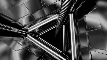 Poster - Triangular 3d tunnel with metal walls. Design. Rotating 3d tunnel with rope in middle. Lifeline in dark tunnel with neon lines