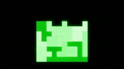 Poster -  Black background. Design.Green tetris in animation falling on a dark empty background.