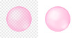 Pink bubble on transparent and white background. Cherry or strawberry bubble gum. Element of soap foam, bath suds, cleanser liquid, sweet carbonated water. Vector realistic illustration