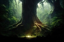 Dark Dense Forest The Sun's Rays Pass Through The Trees, Shadows. Big Old Tree In The Center. Beautiful Forest Fantasy Landscape. Unreal World. Mysterious Forest. 3D Illustration.