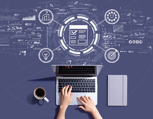 Poster - project management theme with person using a laptop computer