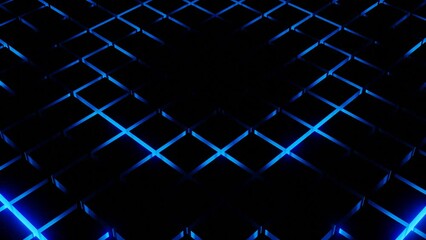 Poster - Abstract neon grid field with black spreading ring looking like pulsation. Design. Black moving shadow rings and squared surface.