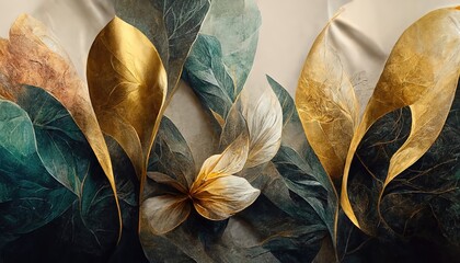textured abstract watercolor flowers with a golden sheen. an elegant flower card or banner template 