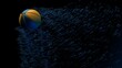 Metallic blue-yellow Basketball with Particles in type of stars under blue-black dramatic background. 3D sketch design and illustration. 3D CG.