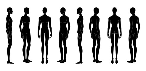 Set of XXS size silhouette Men Fashion template 9 head size Croquis Gentlemen model skinny front, side, 3-4, back view. Vector outline sketch boy for Fashion Design, Illustration, technical drawing