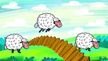 Sheep 2 Sleep. Cartoon Sheep Walking By Day From Left To Right And Jumping Over The Fence. Good For Lullaby, Counting To Sleep. Clouds Light Optimistic Sky... Good For Sleepless Nights. Seamless Loop.