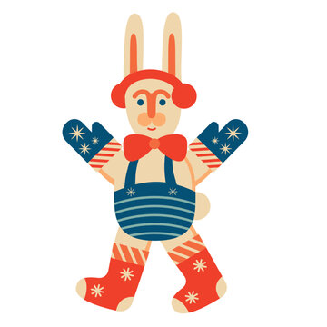  Christmas rabbit in retro style. Vector illustration