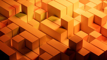 Futuristic Tech Wallpaper With Perfectly Aligned Glossy Blocks. Orange And Yellow, 3D Render.
