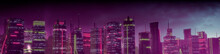 Sci-fi Metropolis With Pink And Yellow Neon Lights. Night Scene With Visionary Architecture.