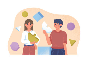 Fototapete - Concept of coworking. Man and woman connect parts of figures. Metaphor of partnership, teamwork, cooperation and collaboration. CCoworkers characters communication. Cartoon flat vector illustration