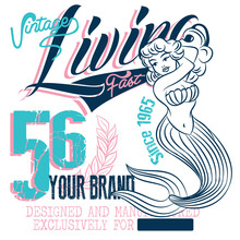 Illustration Vector Mermaid Pin Up With Text And Numbers, Surf And Tropical Design
