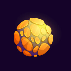 Poster - Galaxy space planet with volcano, mountain craters and lava. Galaxy fantastic planet, alien home world with canyons, rocky desert or plateau. Space game UI element, cartoon vector moon satellite icon
