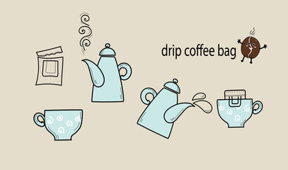 Drip coffee bag for easy brewing in a cup. Set of vector hand drawn icons, doodle isolated illustration on white background. Instructions for making fresh coffee drink