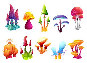 Magic fairy cartoon mushrooms of fantasy alien forest, vector toadstools and luminous trees. Fairy and witch amanita mushrooms of fantastic planet for game or fairy tale witchcraft, glowing neon fungi