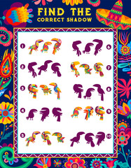 Poster - Find the correct shadow of mexican toucan bird kids game worksheet. Children logical maze or riddle, child educational exercise book vector page with jungle birds. Kids quiz with shadow matching task