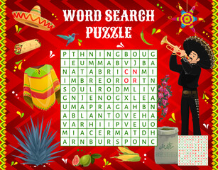 Poster - Word search puzzle vector game worksheet of mexican mariachi, food, pinata, clothes and plants. Kids quiz game grid or riddle with sombrero, burrito and chili pepper on mexican pattern background