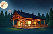 Log Cabin In The Woods At Night Moon Above Trees Low Poly Illustration