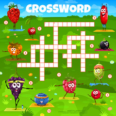 Sticker - Crossword grid. Cartoon berry characters on yoga fitness. Word quiz game, kids vocabulary puzzle or playing activity vector worksheet with strawberry, cherry and raspberry, grape, blueberry, cowberry