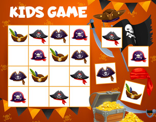 Wall Mural - Sudoku game. Pirate sabers, tricorn, cocked hats, flag and golden chest. Kids sudoku worksheet, vector logical riddle or child puzzle game book page template with corsair hats, cutlass and treasure