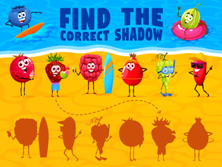 Poster - Find the correct shadow of cartoon berry characters on summer beach. Kids vector match game worksheet riddle with cranberry, strawberry, raspberry, rosehip, grape and barberry water fun and relax